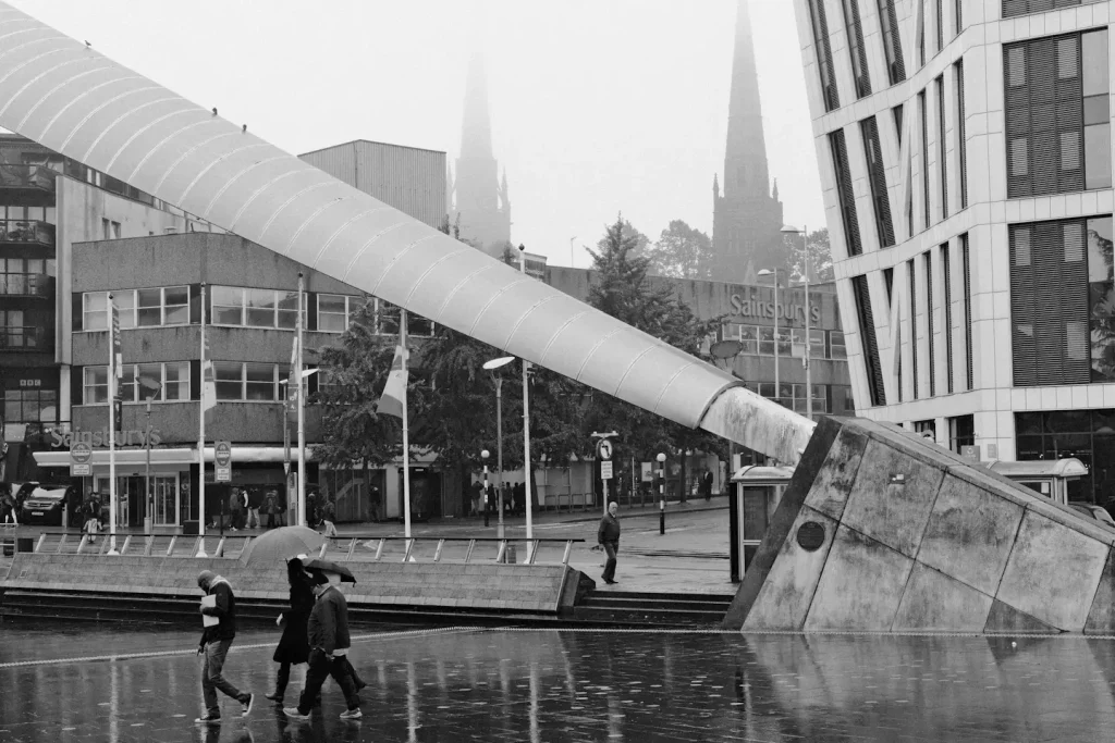  grey rainy day in coventry shot in black and white.