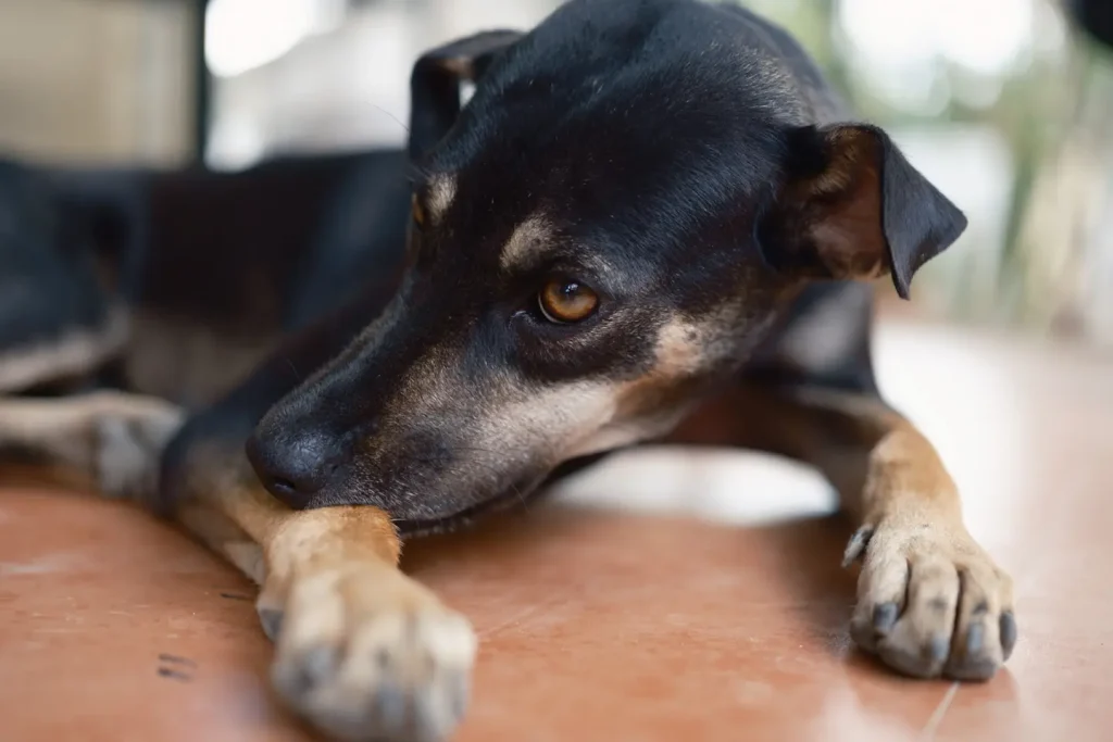 A photograph of a dog cleaning himself on a porch with orange tiles, taken on the Fuji X-T5 camera.