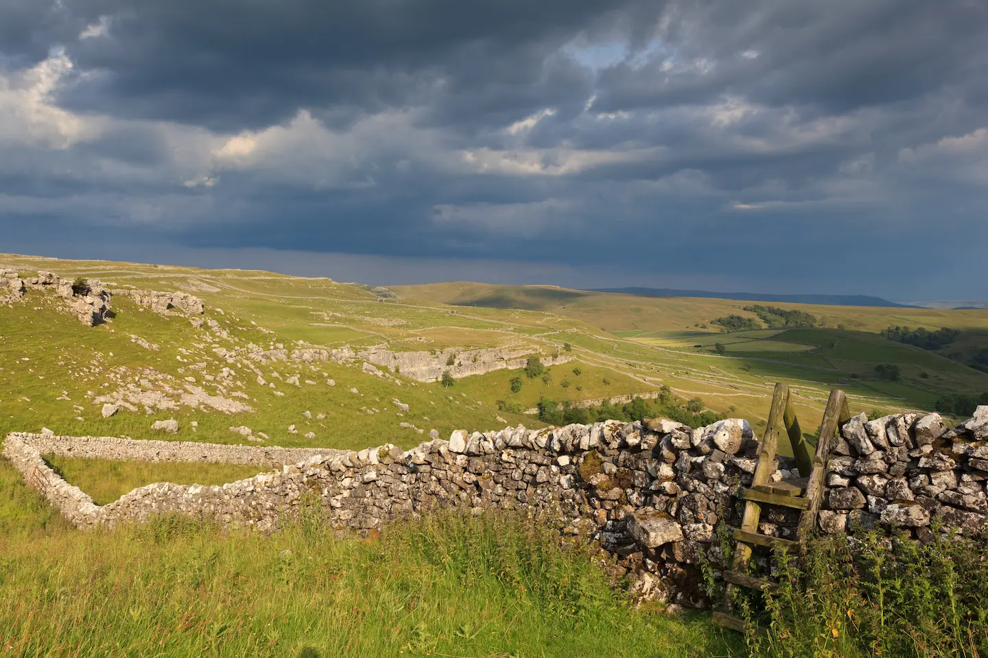 A dry stone wall in the Yorkshire dales bathed in lat afternoon light.