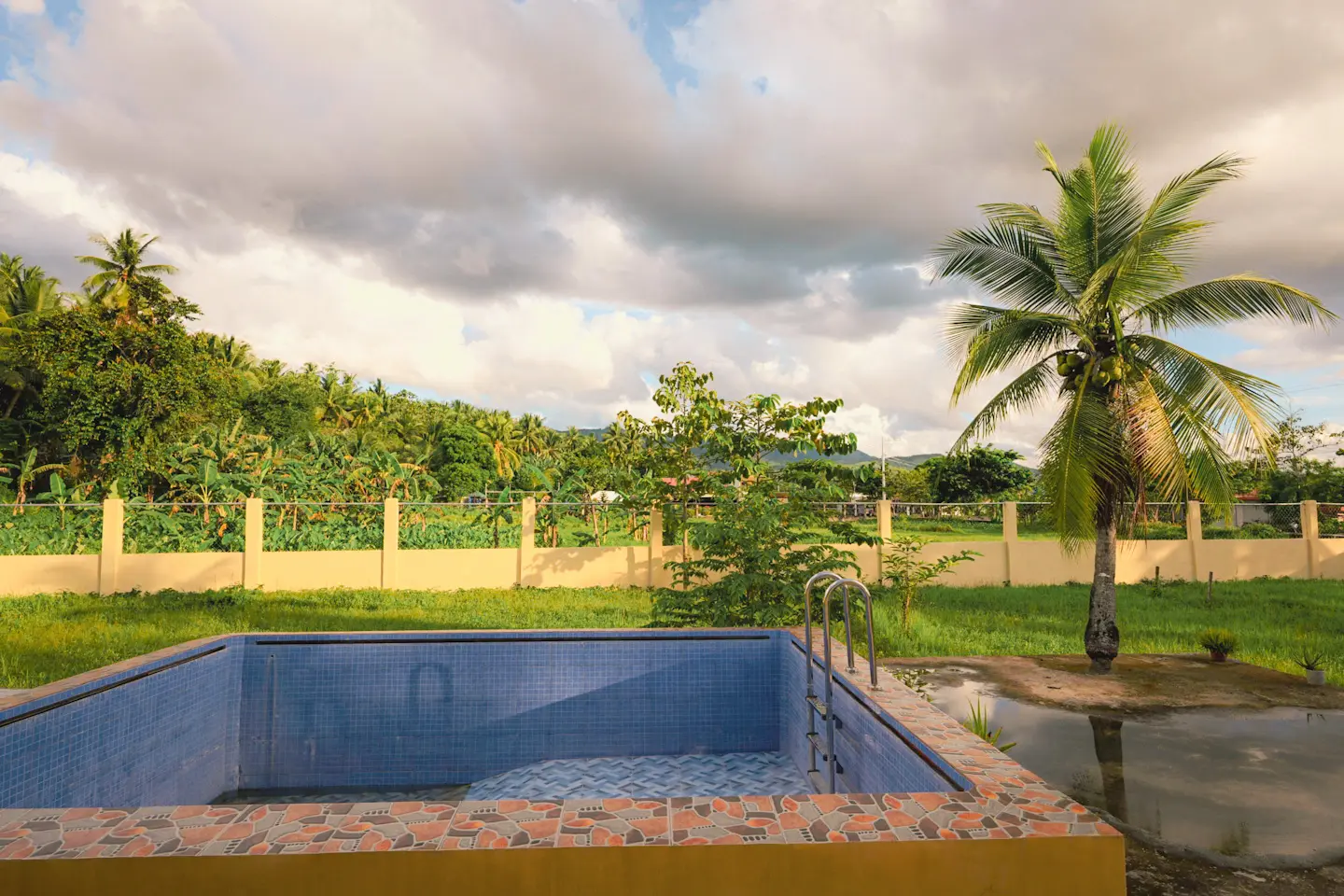 A photo of a small backyard swimming pool looking out to a tropical view of coconut trees and mountains.