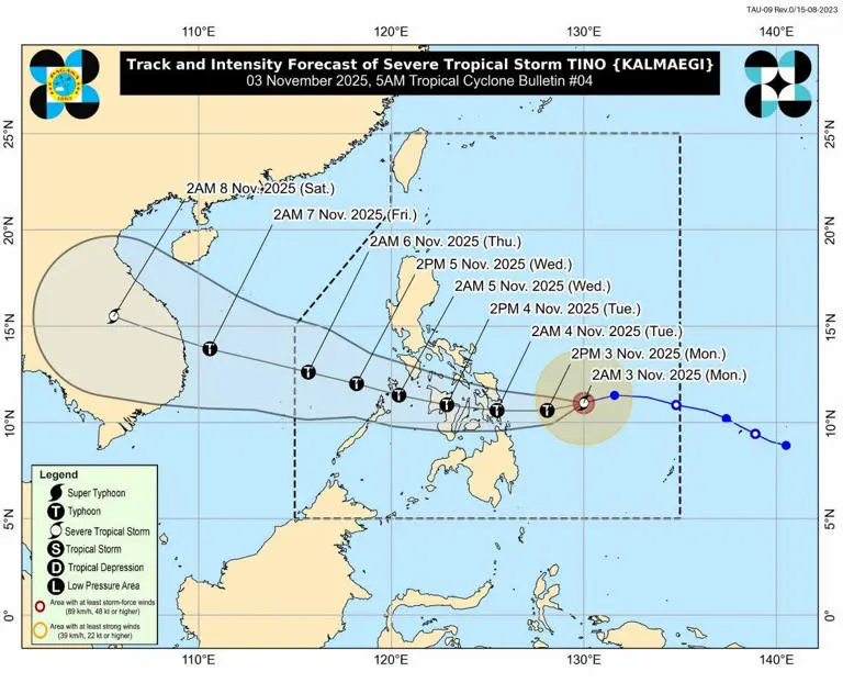 An image of the path of typhoon Tino heading towards the Philippines.