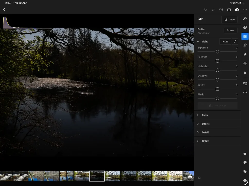A screenshot of Adobe Lightroom with an under exposed image. 