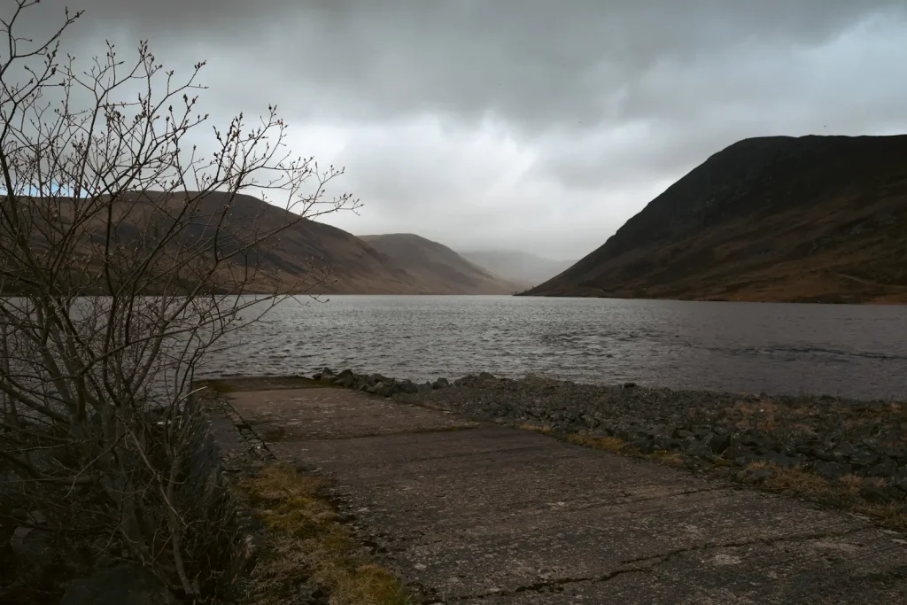 A landscape photo of the jetty at Loch Turrett in Perthshire, Scotland. 