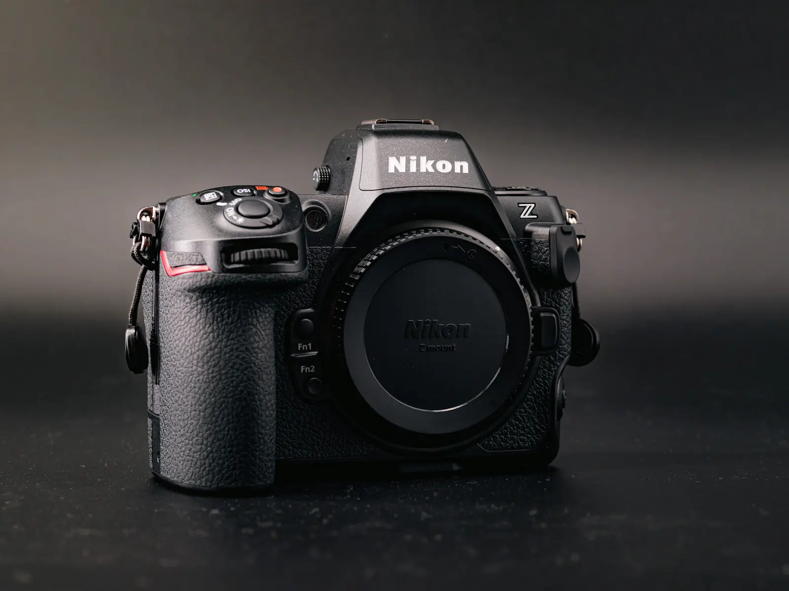 The Nikon Z8 camera in dramatic light, photographed on a black background.