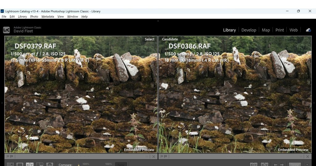 A 100% crop of two photos in Adobe Lightroom using the X Y comparison tool to compare the performance of the Fuji 16-55mm f/2.8II agains the Fujifilm 18mm 1.4wr lenses. 