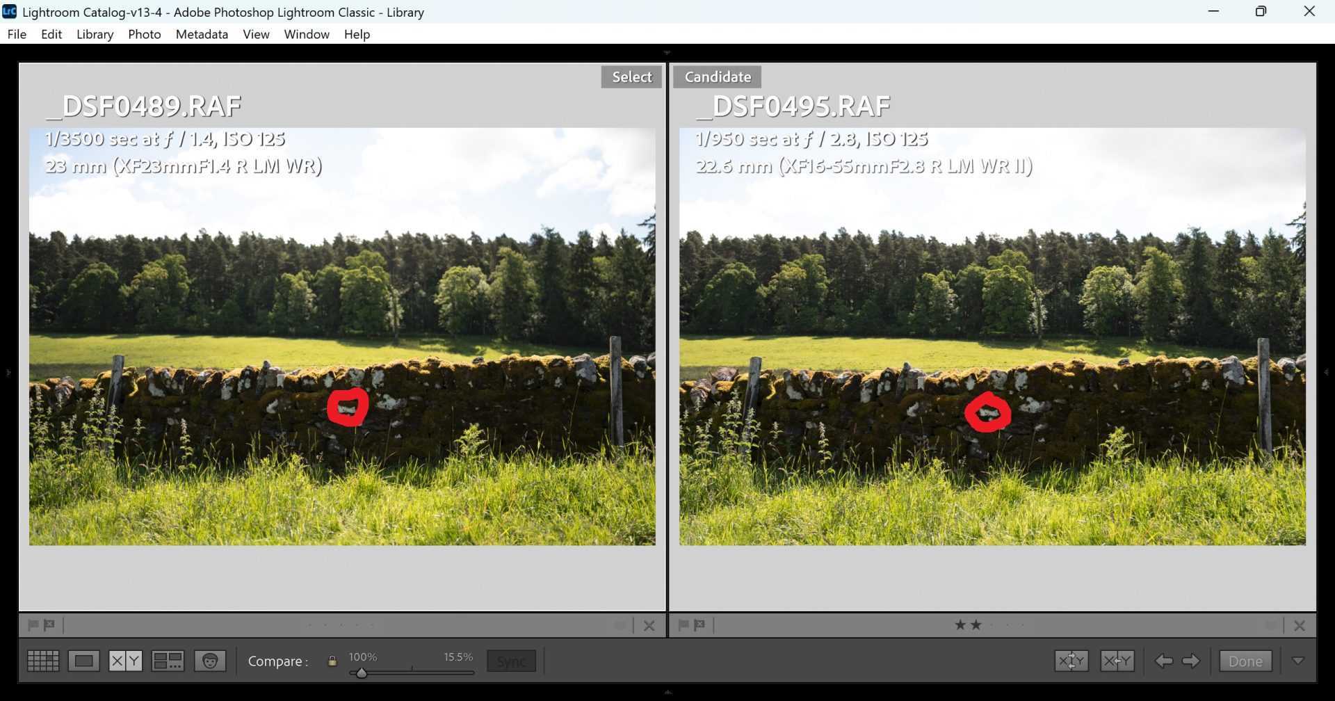 A comparison image between the Fujifilm 16-55mm f/2.8II lens and the Fujifilm 23mm 1.4WR lens.