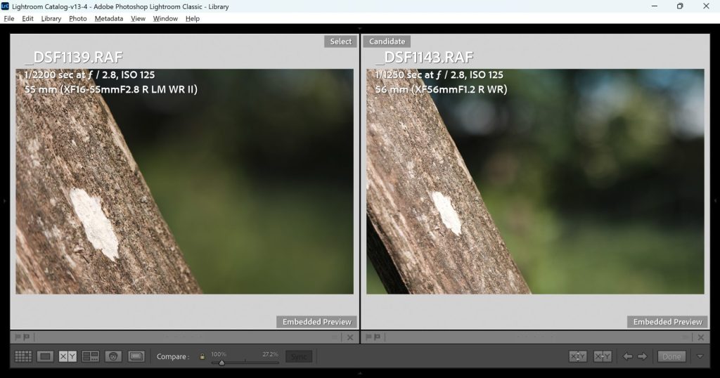 A screenshot showing the minimium focus distance of the Fujifilm 16-55mm f/2.8II lens compared to the Fuji 56mm 1.2WR.