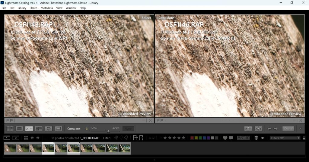 Both the Fuji 16-55mm f/2.8II and 56mm 1.2WR shot at f/2.8 to compare sharpness. These are 100% crops of both images.