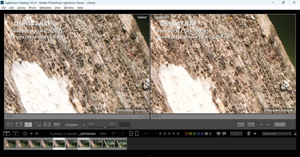 Both the Fujifilm 16-55mm f/2.8II and 56mm 1.2wr lenses shot at f/4 to compare sharpness. These are 100% crops from those images as viewed in Adobe Lightroom.