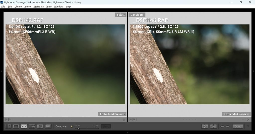 Photos from both the Fuji 16-55mm f/2.8II and 56mm 1.2wr shot wide open at their largest apertures, compared in the Adobe Lightroom comparison tool to determine which is sharpest.