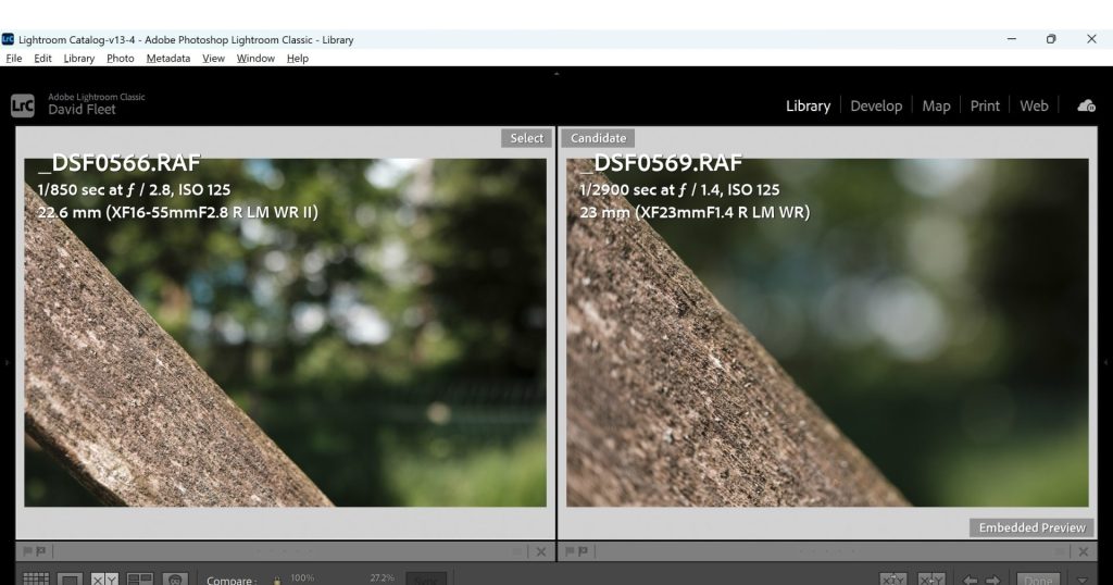 Both the Fuji 16-55mm f/2.8II and 23mm 1.4WR shot at their largest apertures and minimum focusing difference to highlight the differences.