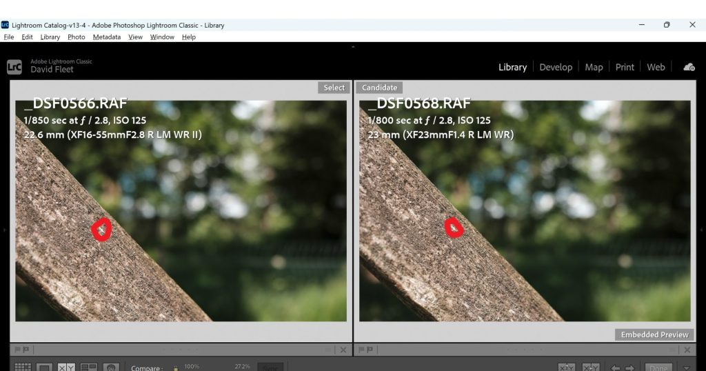Identical photos taken with the Fujifilm 16-55mm f/2.8II and Fuji 23mm 1.4WR lenses to test sharpness at short range.