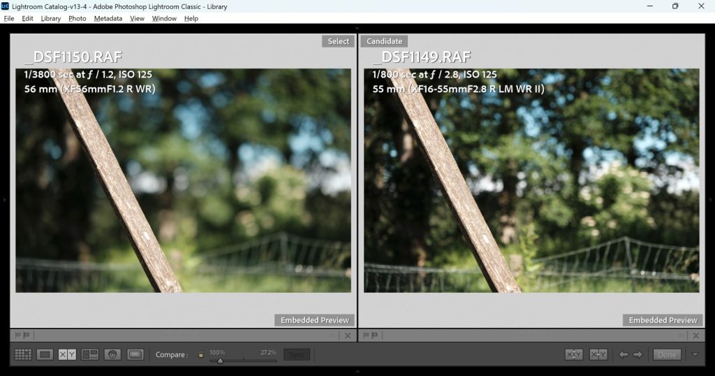 A comparison of photos taken at typical portrait distances with both the Fuji 16-55mm f/2.8II and Fujifilm 56mm 1.2WR shot wide open to show the difference in subject separation and background blur.