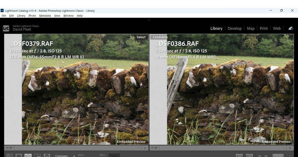 A 100% crop from the edge of the frame to show the difference in sharpness between the Fuji 16-55mm f/2.8II lens and the Fuji 18mm 1.4wr lens. 