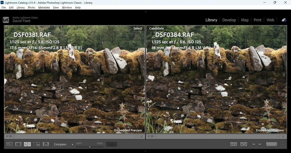 The same shot as above of the dry stone wall, this time photographed at a different aperture of f/5.6 on both the Fuji 16-55mm f/2.8II and the Fuji 18mm 1.4wr. 