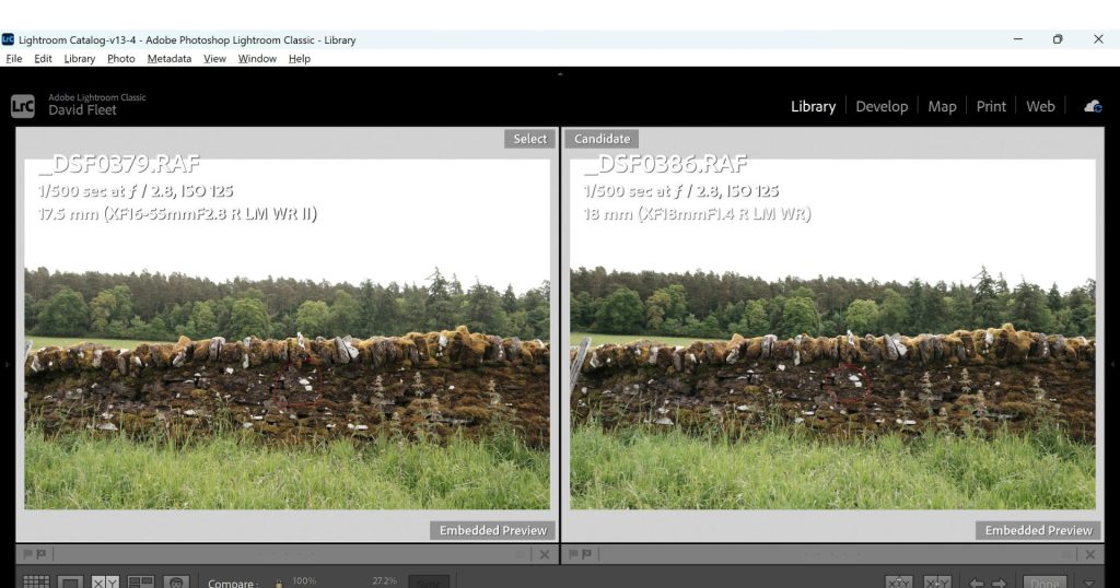 A screenshot of two photos in Adobe Lightroom of the same dry stone wall subject to compare sharpness between the Fujifilm 16-55mm f/2.8II and the Fujifilm 18mm 1.4wr lenses. 