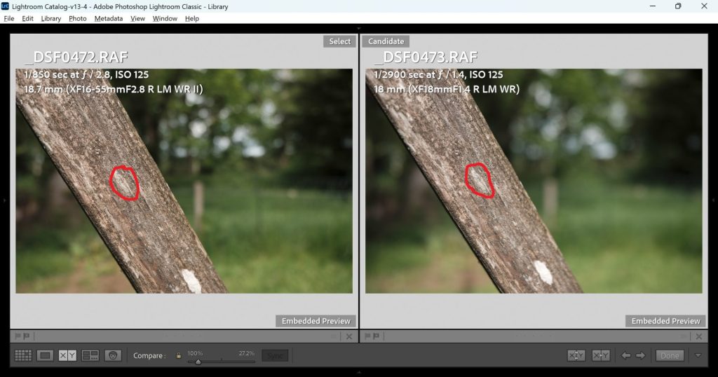 a screenshot of the Lightroom compare tool comparing the minimum focus distance of the Fujifilm 16-55mm f/2.8II against the Fuji 18mm 1.4wr lens with the focus point highlighted in a red circle. 