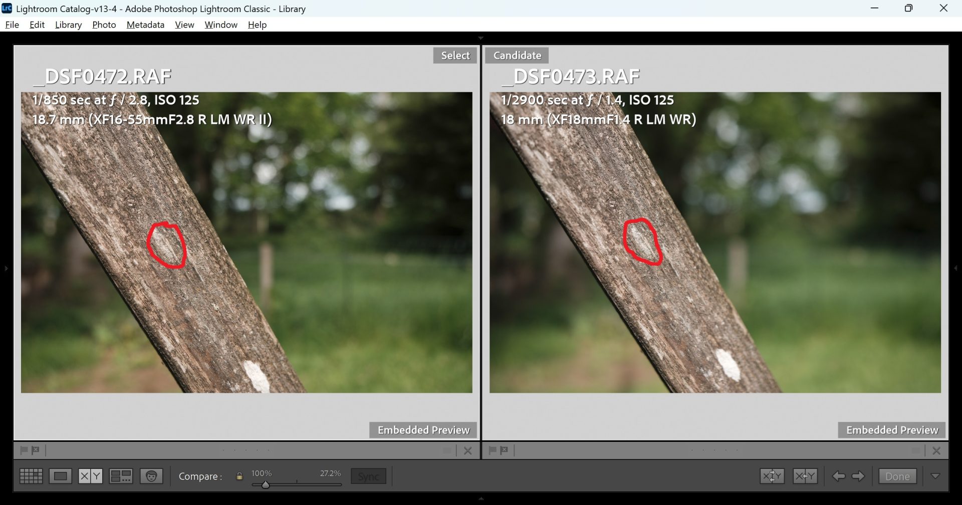 An image of two photos compared in Adobe Lightroom to show the difference between the Fujifilm 16-55mm f/2.8II lens and the Fujifilm 18mm 1.4wr lens.
