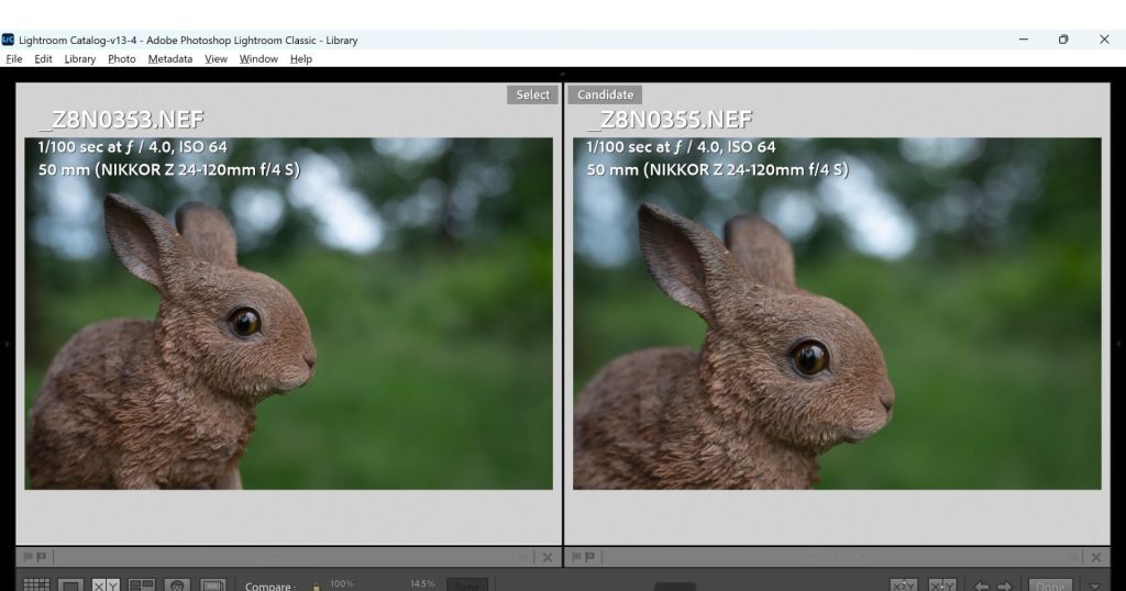 Comparison of 200% crops in Lightroom showing no meaningful sharpness difference between the Nikon Z 24-120mm and 50mm 1.8S at f/5.6.