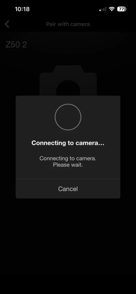 A screenshot of the Nikon Snapbridge app connecting to the Nikon Z50II in order to show what the screen should look like when a bluetooth connection is established.