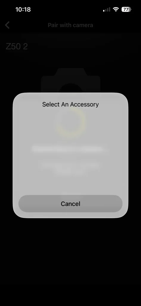 A screenshot to show where the Nikon Z50II camera will be shown as a connection option in the Nikon Snapbridge app.