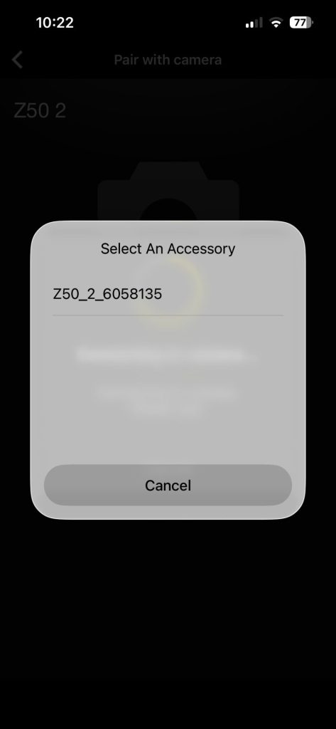 A screenshot of the Nikon Z50II camera now being shown in the Nikon Snapbridge app as a connection option.