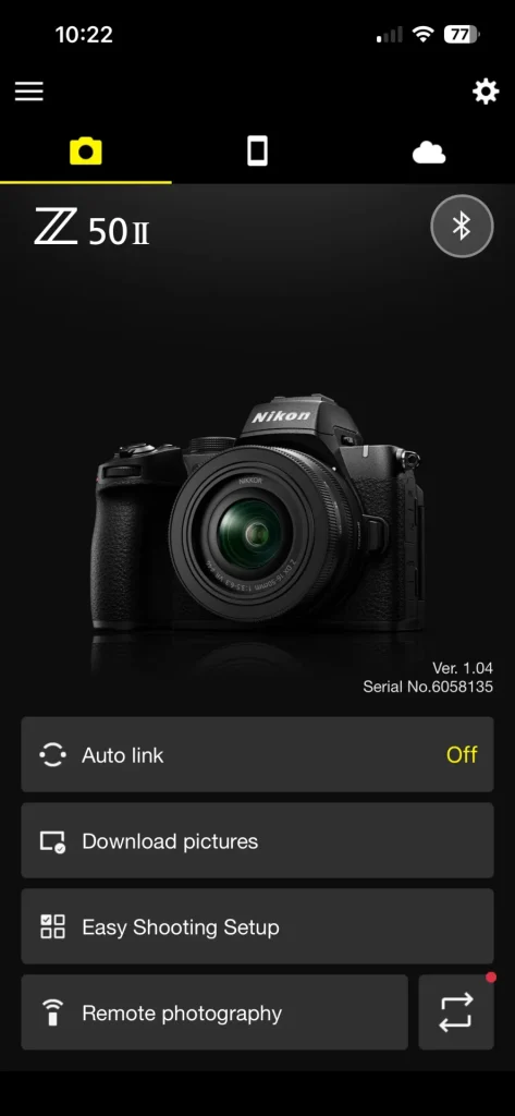 A sceenshot of the Nikon Snapbridge app showing the Nikon Z50II connected to the app.