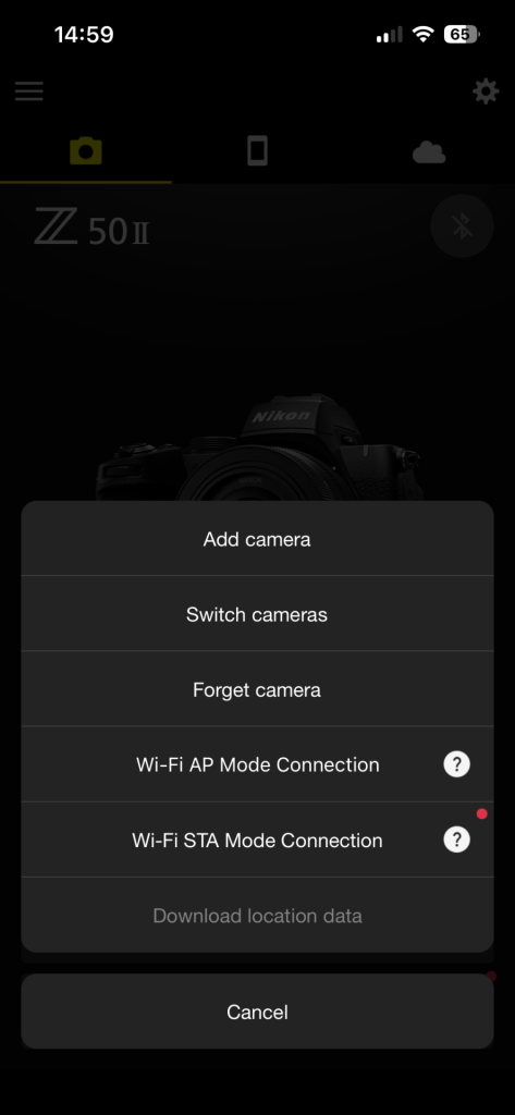 A screenshot of the Nikon Snapbridge app option to add a camera. This screenshot is to show how to connect the Nikon Z50II camera to Nikon Snapbridge app via bluetooth connection.