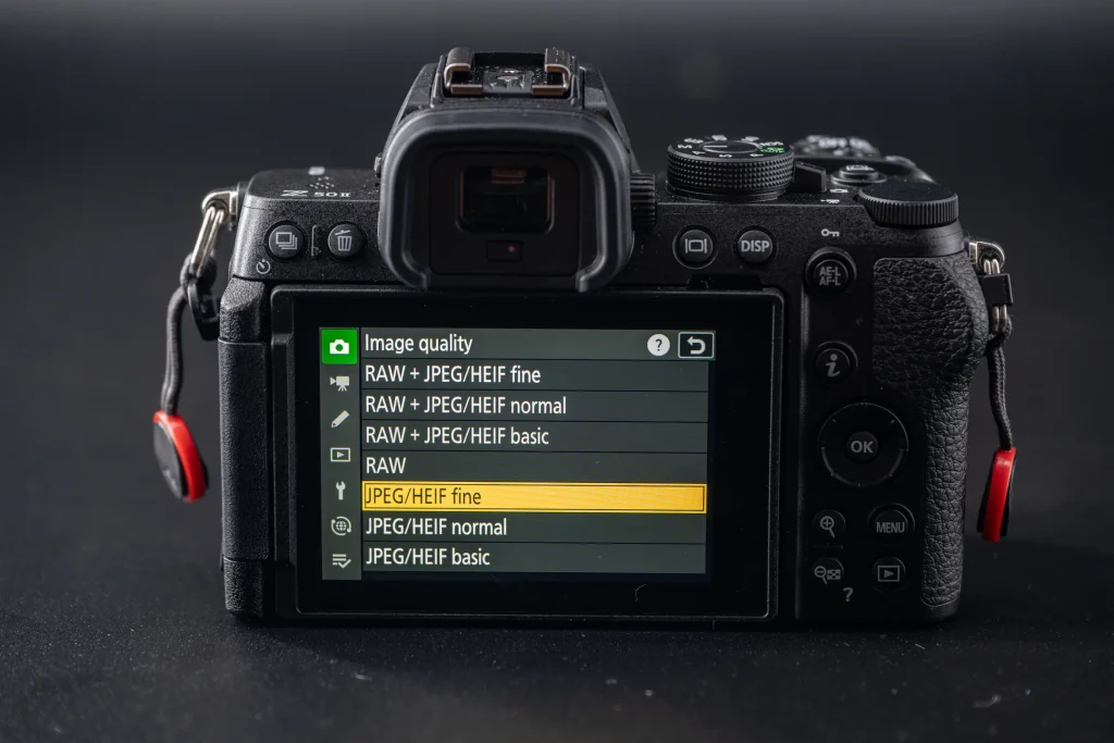 A photo of the rear of the Nikon Z50II camera showing the Image quality options within the menu.