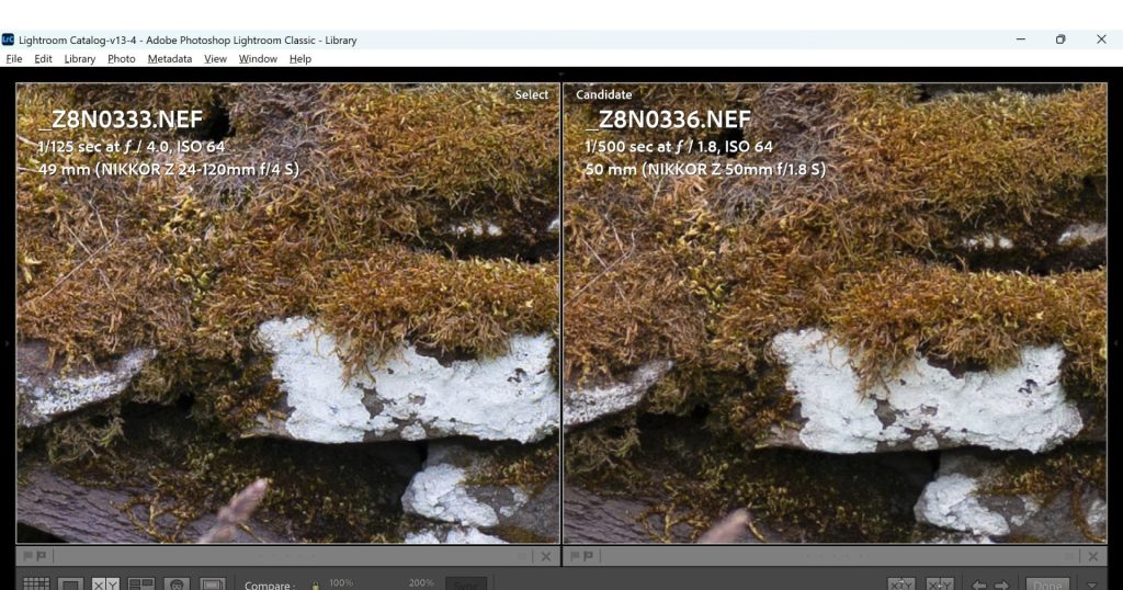 A 200% crop of the two images shown in the Adobe Lightroom comparison tool.