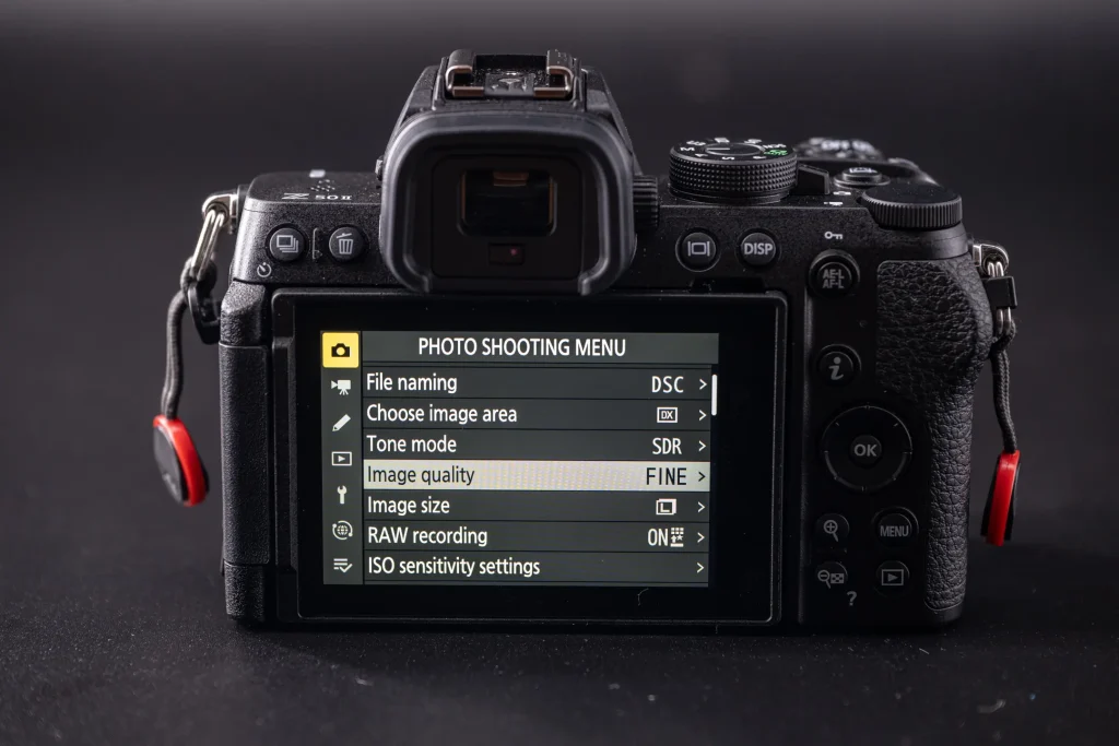 The photo shooting menu shown on the rear screen of the Nikon Z50II camera.