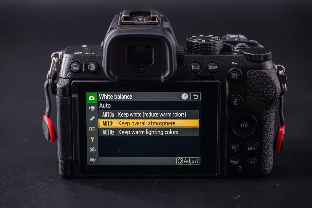 Autot white balance option of keep overall atmosphere selected on the Nikon Z50II camera.