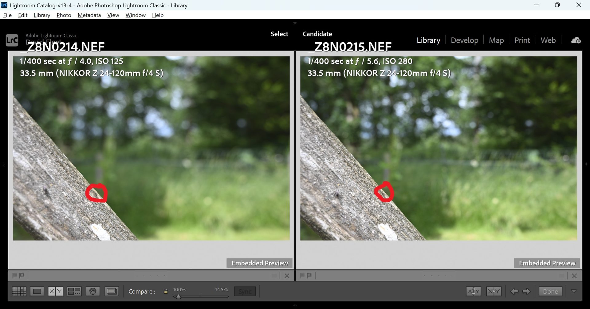 A comparison in Lightroom of the Nikon Z 24-120mm f/4S vs the Nikon Z 35mm 1.8S lenses.