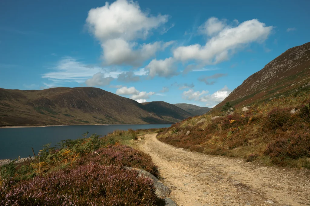 View of the path down the east side of Loch Turret, Crieff, Scotland with heather in the foreground, the loch and mountains behind.