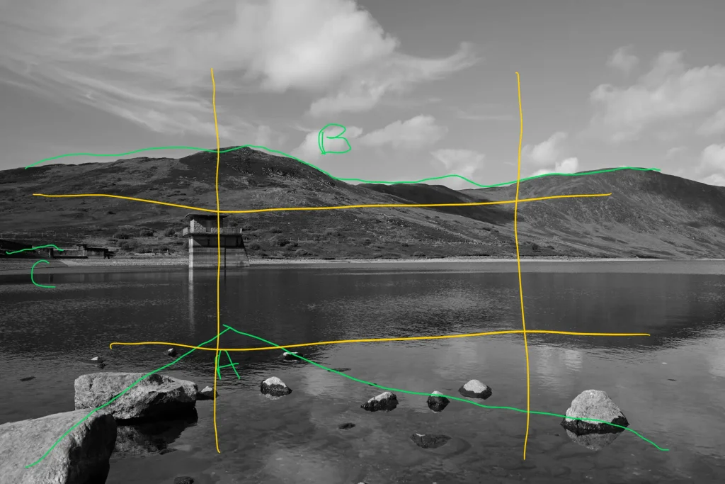 A similar photo of Loch turret, Scotland as above but this time the photographer has marked up the photo to show why it works, compositionally.