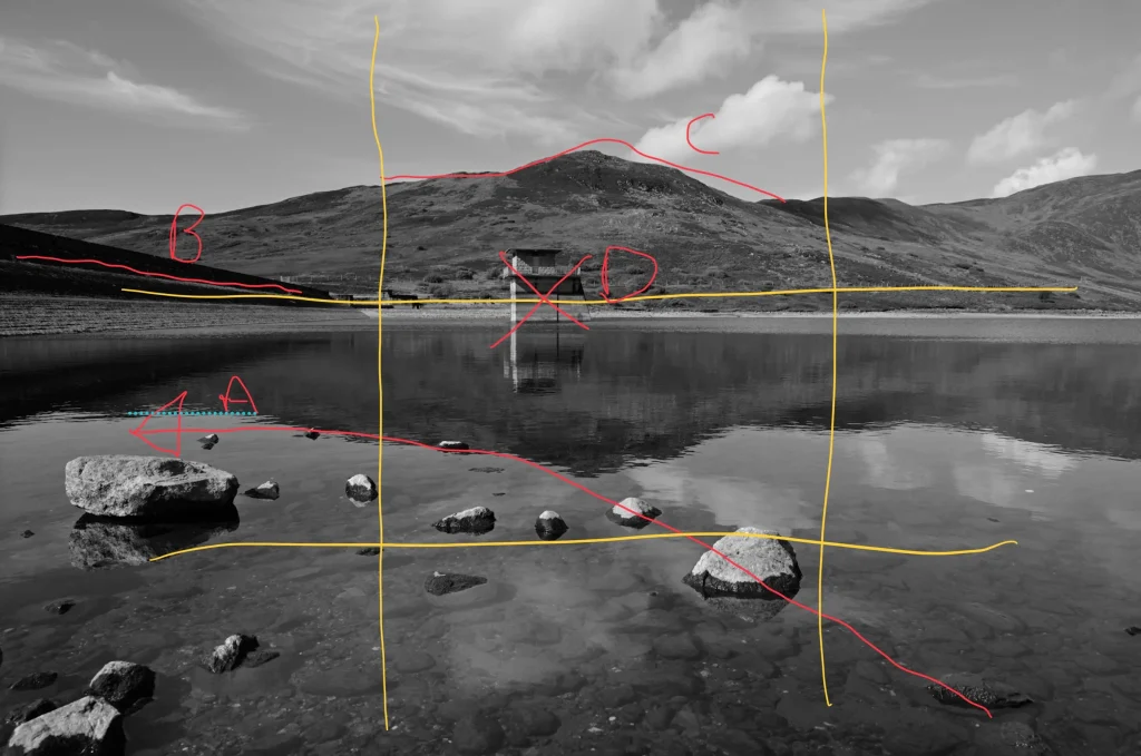 A black and white photo of Loch Turret and it's water tower and dam wall, marked up by a photographer to critique the composition.